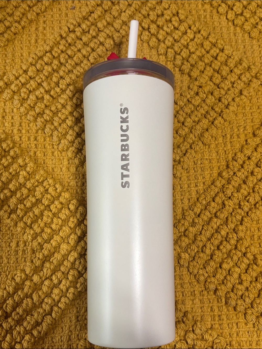 Starbucks Christmas 2025 White Stainless Steel Tumbler Red Ribbon on Straw 24 oz